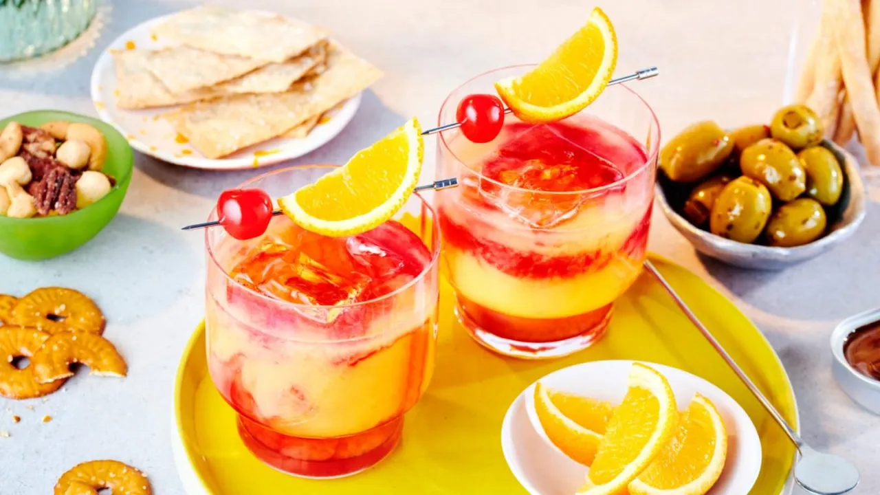 Close up on a plate of mashed potatoes, topped with baked pork chops with cream of mushroom soup, and a side of green beans.