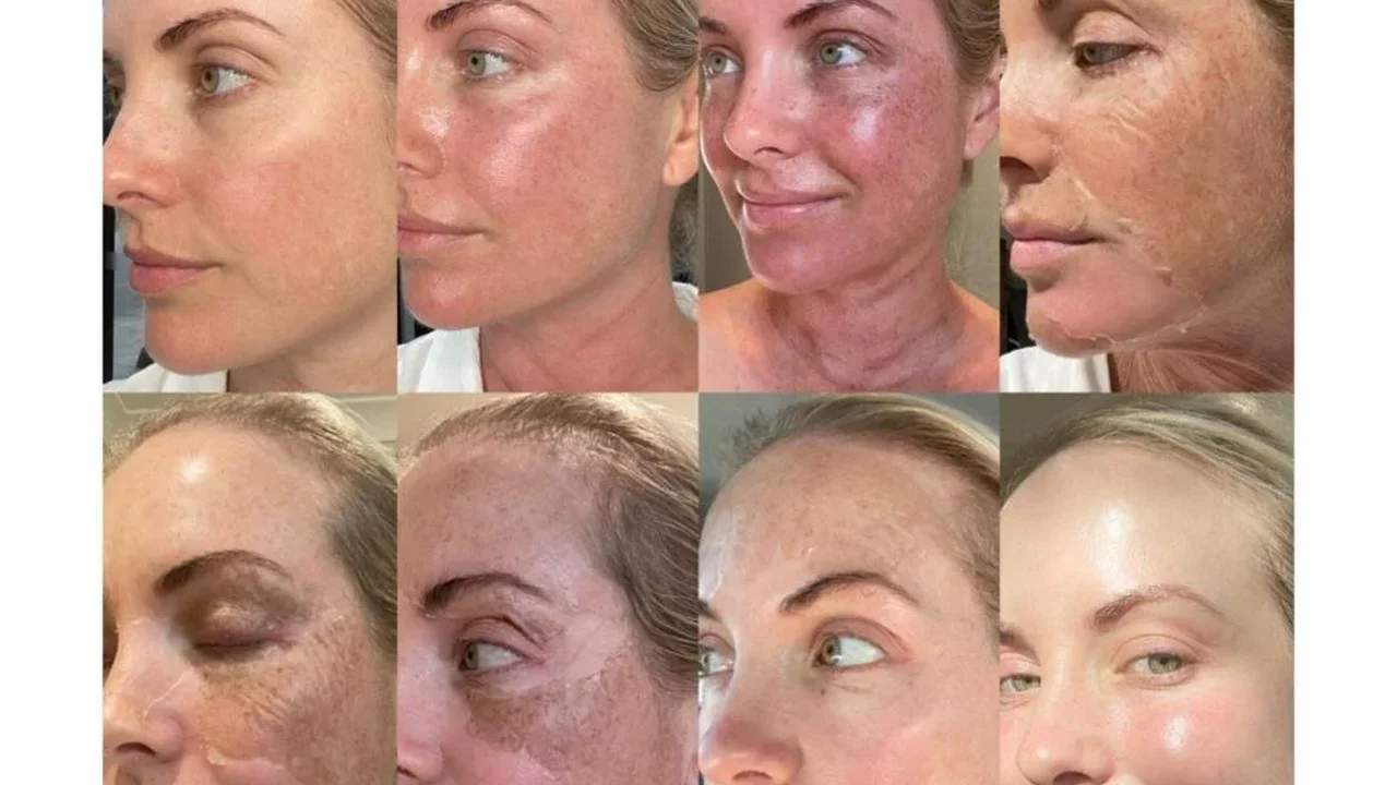 Close up on a plate of mashed potatoes, topped with baked pork chops with cream of mushroom soup, and a side of green beans.